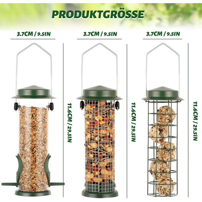 Набір годівниць для птахів Urban Deco (3 шт.), міцний металевий годівник, легко чистити та поповнювати, зелений