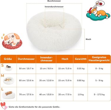 Ліжко для собак і котів ALLSOPETS, м'яке плюшеве, кругле, антистрес, зі знімним чохлом, несковзка основа, біле, 60 см – для малих і середніх порід