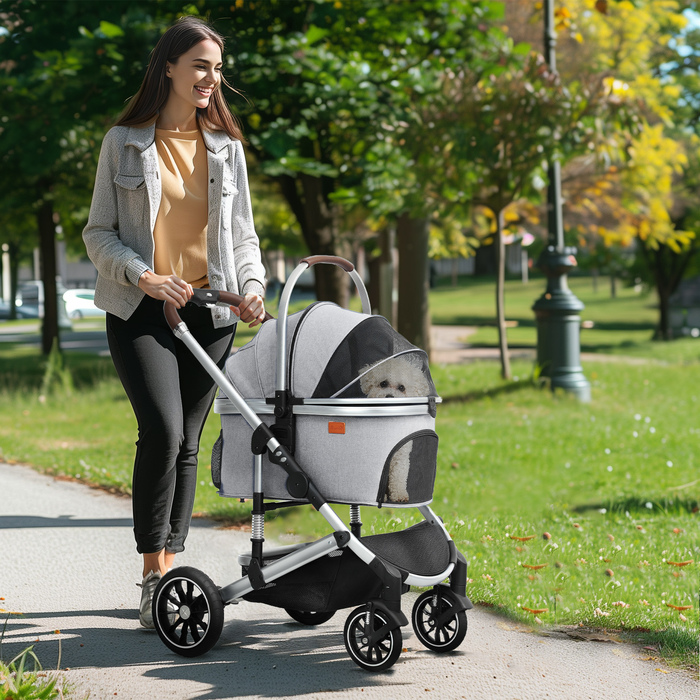 PawHut Коляска для собак 3 в 1 Dog Buggy Складна для собак і кішок до 10 кг Cat Buggy з подушкою Підстаканник Сітка Вікна Двері Кошик для зберігання Котяча коляска Баггі Світло-сірий | Аосом