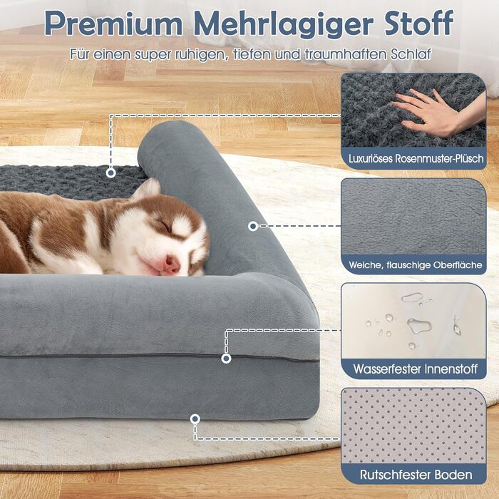 Ортопедичне ліжко для собак Costway великого розміру, диван-ліжко з подушкою, пінопласт, знімний та пральний чохол, підняті бортики, диванчик для великих та середніх собак, сірий (113 x 89 x 18 см)