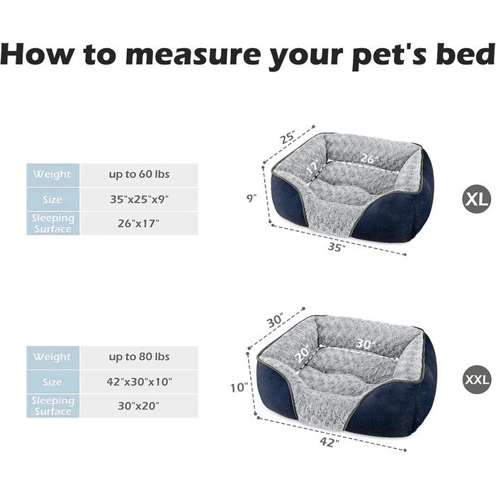 Ортопедичне ліжко для собак INVENHO, прямокутне, м'яке, миюче, з антиковзною основою, XL (35'x 25'x 9'), Marineblau (темно-синій)