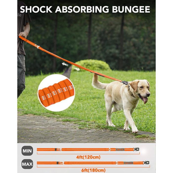 Тактична повідок для собак Joytale, 1.2м-1.8м, еластична (bungee), з 2 м'якими ручками, автофіксатор, без натягу для собак середніх, великих та екстра-великих порід, помаранчевий колір