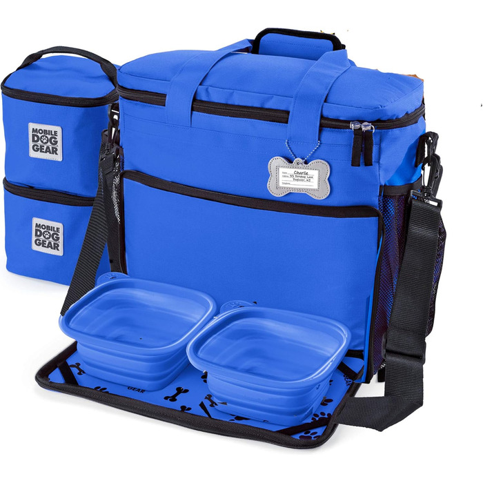 Чорна сумка для подорожей з собаками Overland Chiens Gear для великих собак. 2 контейнери для їжі, 2 складані миски, блакитний колір