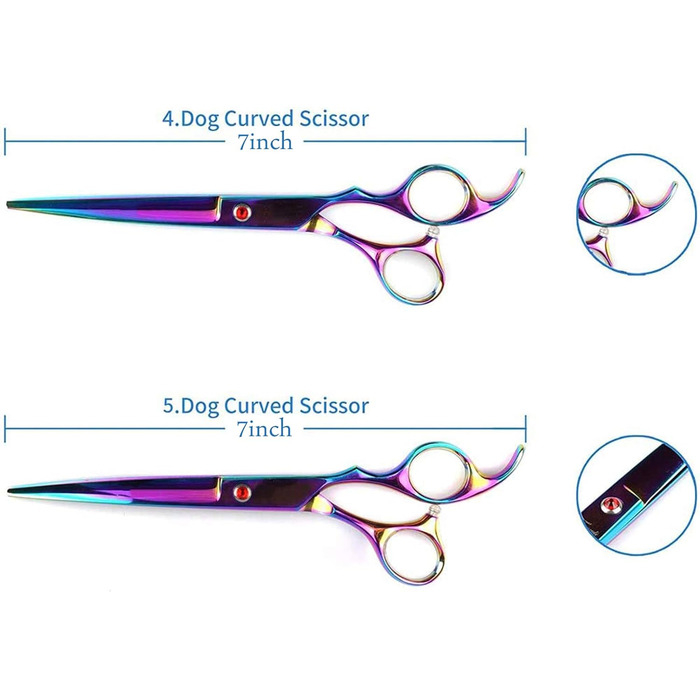 Набір професійних ножиць для грумінгу собак 5 в 1, 7 дюймів, нержавіюча сталь, включає прямі, фінішні та зігнуті ножиці, гребінець