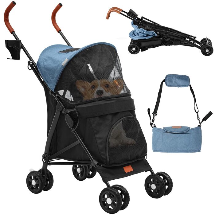 Візок для собак та котів DWVO, 11.3 кг, складаний, з подушкою та кошиком для зберігання, 45.7x83x114 см (Синьо-чорний)