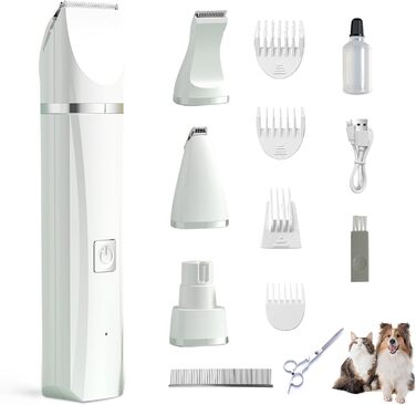 Машина для стрижки собак та котів 4 в 1 з 4 насадками: стрижка, триммінг, шліфування кігтів, видалення посічених кінчиків. Водонепроникна, для догляду за лапами, обличчям, тілом. Зелений/Білий колір