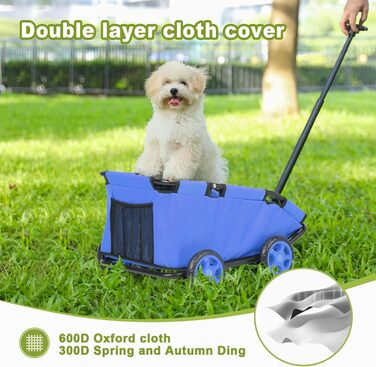Міні-візок для тварин, складний багатофункціональний візок для покупок з висувним ручками, для прогулянок на вулиці, з подушкою та страхувальним тросом, з кишенькою (Блакитний)