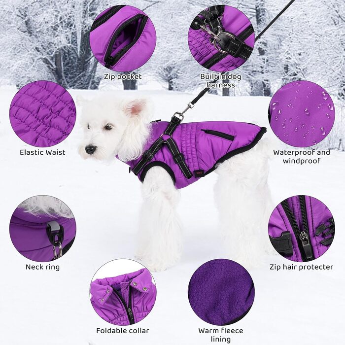 Водонепроникний зимовий одяг для собак з інтегрованим шлейкою, M, фіолетовий