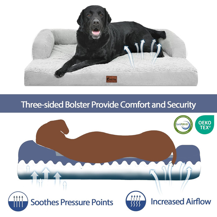 Ортопедичне ліжко для собак великих порід, XL, водовідштовхувальне, з ефектом пам'яті, зручна подушка для шиї, знімний, пральний чохол, неслизьке дно (сірий, білий)