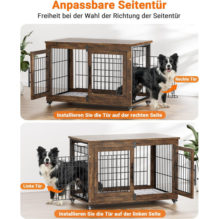 Кіяпа - Будка для собак у дім з подушкою, сучасна будка для собак з двома дверцятами та колесами, для великих собак до 70 кг, 98x64x68 см, (Рустичний коричневий, L)