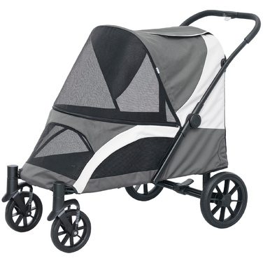 PawHut Dog Stroller Dog Buggy Foldable для великих собак і кішок до 30 кг Cat Buggy з подушками Сітка Вікна Двері Сумка для зберігання Котяча коляска з тросами безпеки, гальмами, баггі Темно-сірий | Аосом