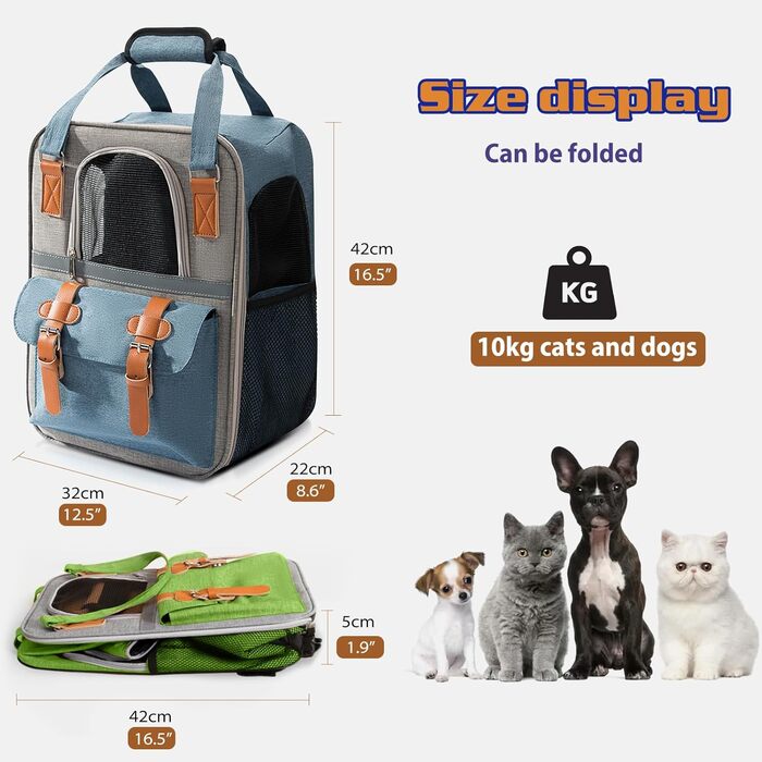 Рюкзак для собак та котів PETCUTE, дихаючий, для маленьких тварин, з відбиваючим ременем, складаний, знімний килимок, внутрішній ремінь безпеки, для прогулянок (Блакитний)