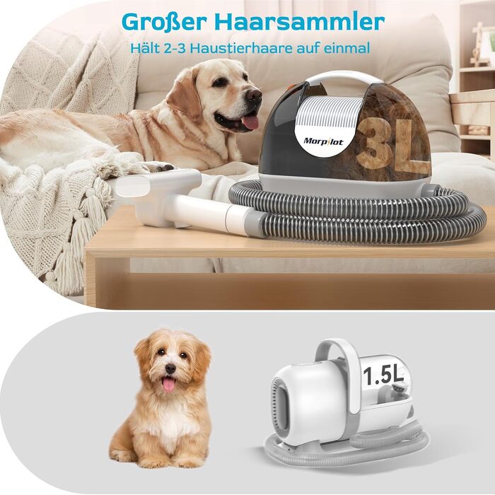 Електрична машинка для стрижки собак з пилососом Morpilot, 12000Pa, білий колір, з насадкою-щіткою, контейнер для шерсті 3L