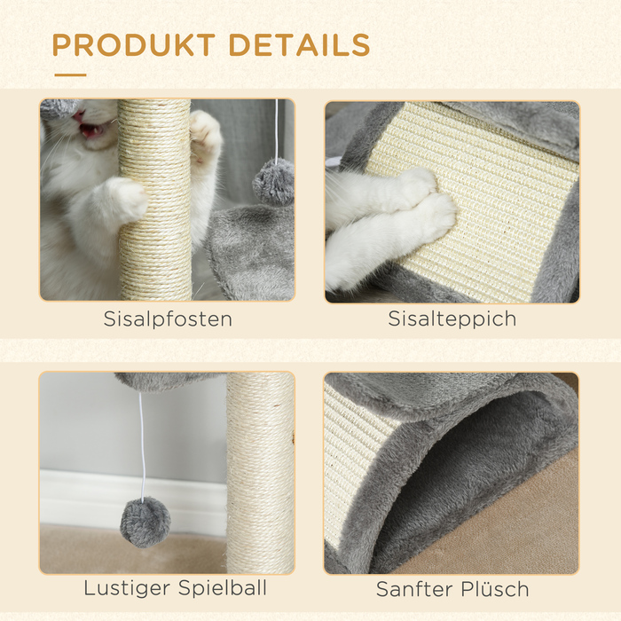PawHut Cat tree маленьке, 43H см, до 10 кг, з лежачою поверхнею, тунель, іграшковий м'яч, сизаль, світло-сірий | Аосом