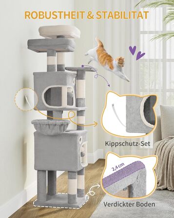 Драбина-кіготь Hzuaneri для котів, 159 см, 8 стовпчиків, 3 платформи, 2 хованки, кошик, плюшеві кульки, мотузка з сизалю, підходить для котів різних розмірів, сірий MS15918LG L (50 x 40 x 159 см)
