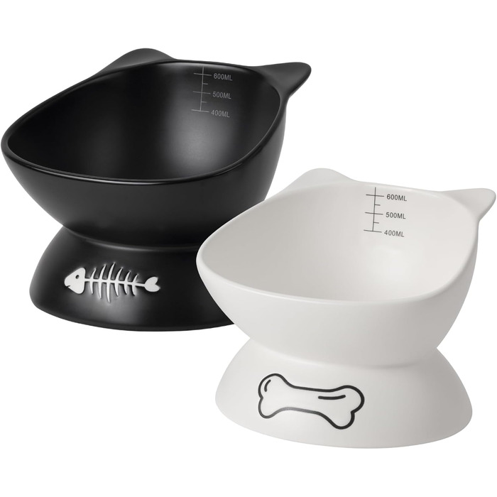 Набір мисок для котів Navaris: 2 миски по 400 мл з позначеннями об'єму, піднята годівниця, кераміка, стильний дизайн