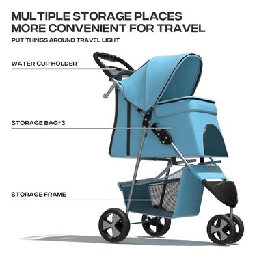 Дитяча коляска для котів та собак, 3 колеса, складний бугі для тварин, 13.6 кг, з кошиком та тримачем для напоїв, м'ятний колір
