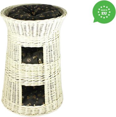 Кігтеточка-ліжко для котів: кругла хатинка з ротангу, триповерхове ліжко для собак та котів, колір білий (з коричневими та золотими подушками)