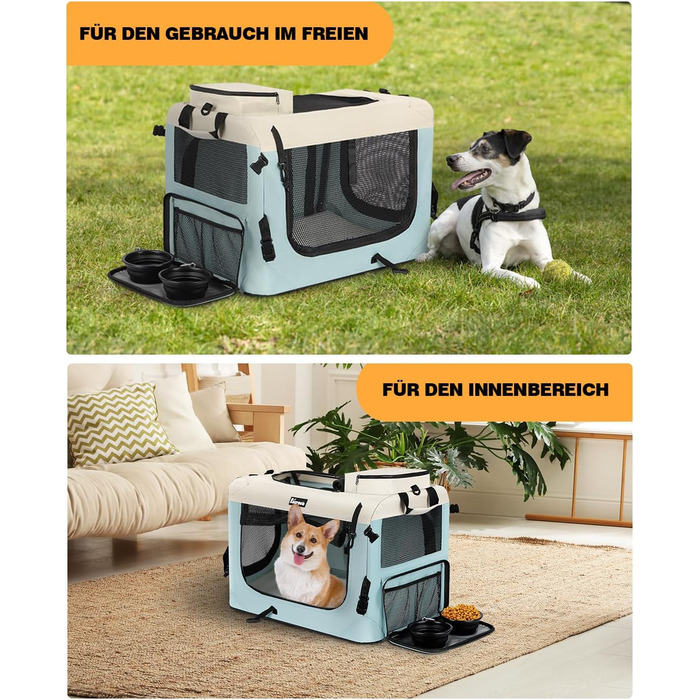 Транспортна переноска для собак та котів Reerooh Hundebox M, 60x42x42 см, складана, з мискою, блакитна