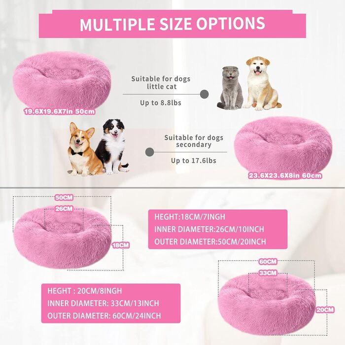 М'яке кругле ліжко для собак та котів 60см – зручне лежанка-пончик для маленьких собак та котів, миється, не слизьке, плюшеве ліжко для тварин, сірий (L 60 x B 60 x H 20 cm, Рожевий)