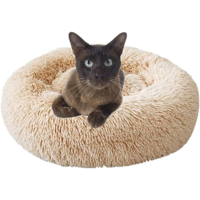 Заспокійливе ліжко для собак, у формі пончика, з плюшу, з блискавкою, придатне для прання в машині, для маленьких тварин, собак, котів, кошенят та цуценят, бежеве, 50 см, розмір S/50 см бежеве