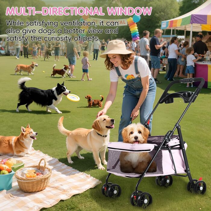 Дитяча коляска для тварин з 4 колесами, легка, складана, рожева. Підходить для котів та собак, вантажопідйомність 7,5 кг