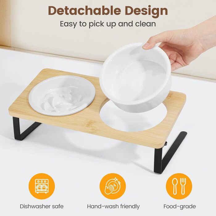 Набір мисок для котів PETTOM Anti-Schling з кераміки: піднята миска з нахилом 15°, бамбукова підставка, протиковзаюча, для вологого та сухого корму