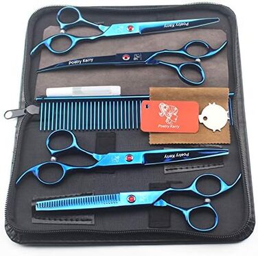 Набір для грумінгу тварин: 5 предметів. Тримерні ножиці для собак, котів та інших тварин. Набір містить: ножиці, витончувальні ножиці, вигнуті ножиці, гребінець для грумінгу, шкіряна сумка (блакитний)