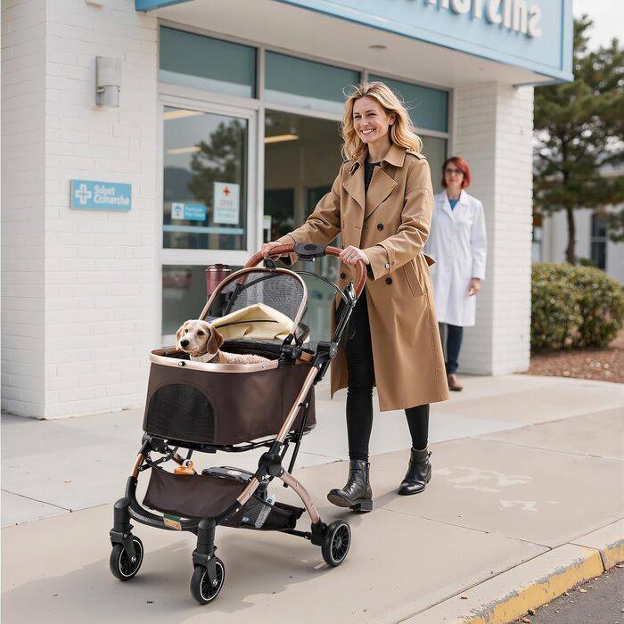 Візок для котів та собак Gimars 20кг, 4-в-1, складання, поворот 360°, гумові колеса, гальмо, захист від дощу, регульована ручка, хакі