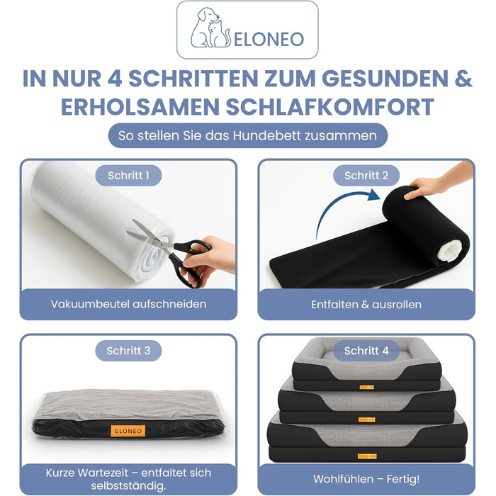 Ортопедичне ліжко для собак ELONEO, великі породи - 122x89x20 см, корзина для собак з піною з пам'яті, вологостійкий та пральний килимок для собак, подушка для собак, матрац для собак з м'якою оббивкою (76 x 51 x 17 см, Чорний)