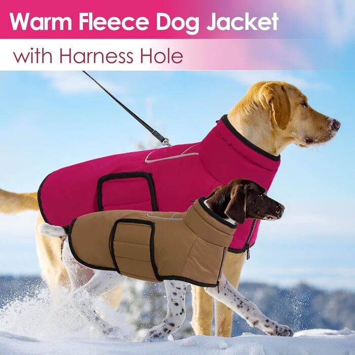 Теплий зимовий пуховик для собак великих порід AOFITEE, водонепроникний пуховик з коміром-гетром, з отвором для шлейки, рожевий (XL)