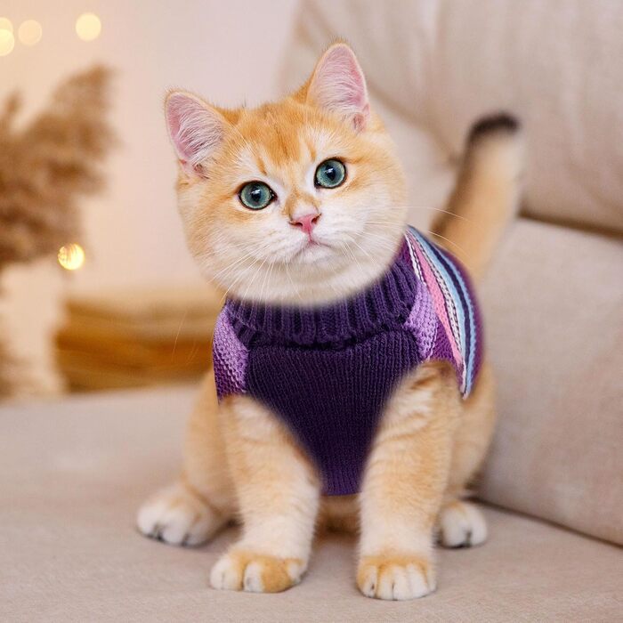 Пуловер для собак у смужку, теплий в'язаний пуловер з коміром-горловиною, теплий та м'який одяг для собак маленьких та середніх порід (L, фіолетовий у смужку)