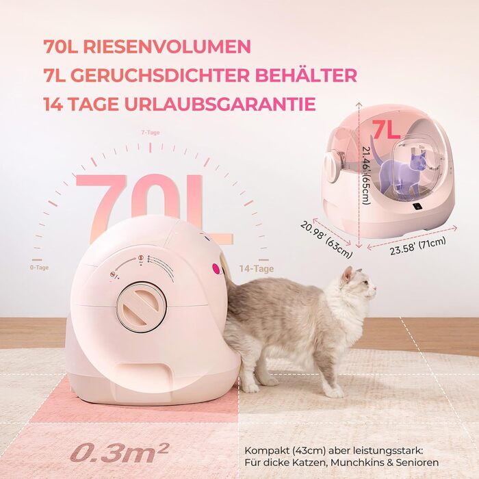 Лотки для котів CATLINK Baymax з автоочищенням, 70л, XXL, 7-рівневий захист від протікання, керування через додаток, розпізнавання кількості котів – підходить для кількох котів, білий (рожевий)