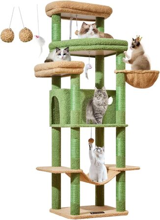 Когтеточка для котів Taoqimiao 180 см XXL, великий котячий комплекс для Maine Coon з будиночком, гамаком, великою платформою, 9 стійок для дряпання, кошиком, зелений