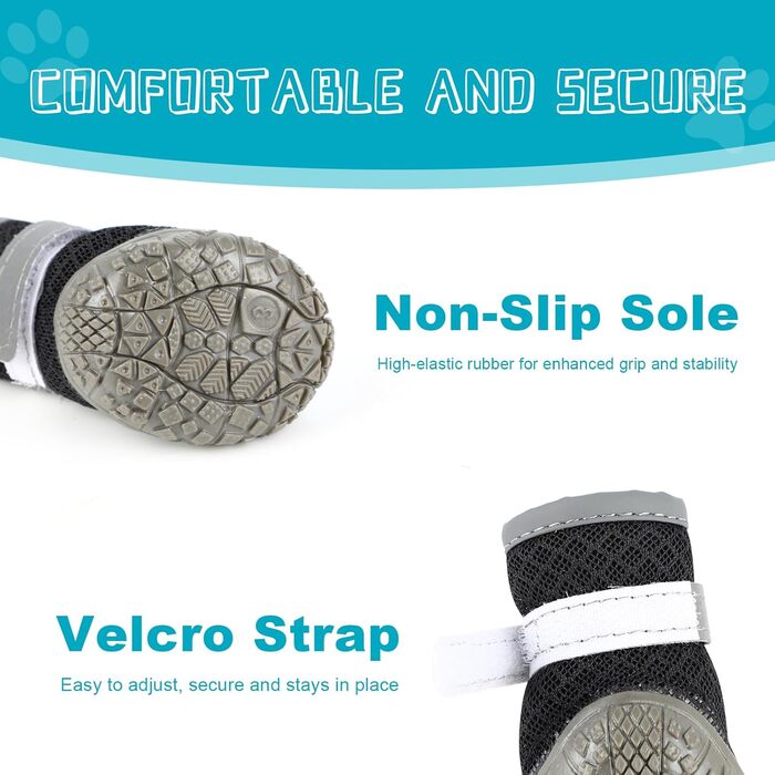 Чоботи для собак, захист подушечок лап, Outdoor, 4 шт. З відбиваючим кріпленням на липучці, дихаючі, регульовані, для малих та середніх собак (Чорний, 5)