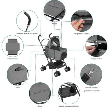 Дитячий візок для тварин BAKAJI 2 в 1, до 40 кг, складний, з капсулою та кошиком для зберігання (сірий)