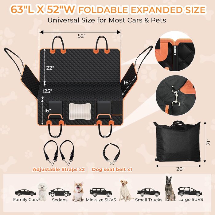 Захист для заднього сидіння автомобіля для собак: міцна підкладка, водонепроникний, з сіткою, до 204 кг, для SUV