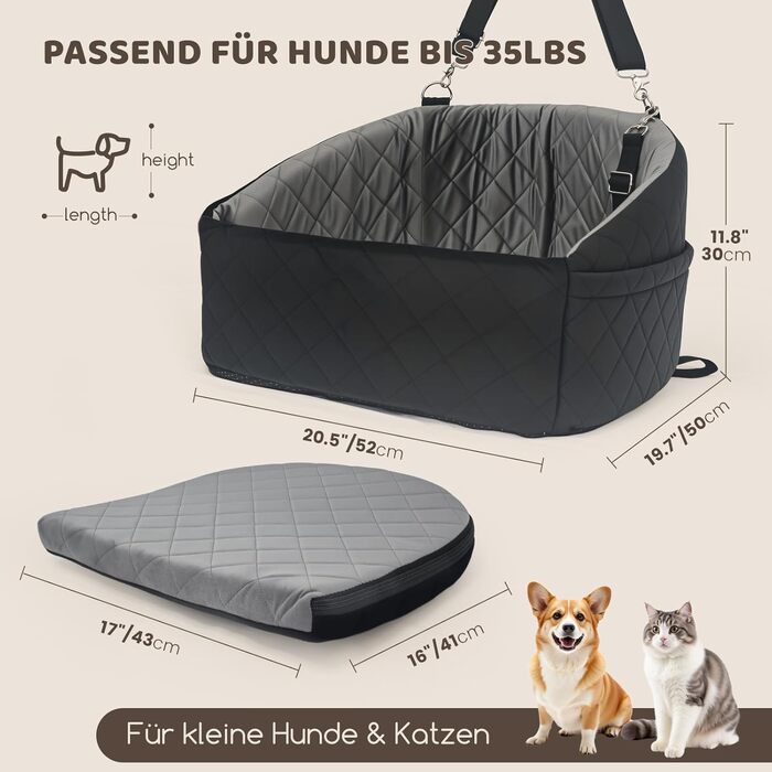 Автомобільний лежак для собак та котів, з кишенями для зберігання, з ременями безпеки, чорний та сірий