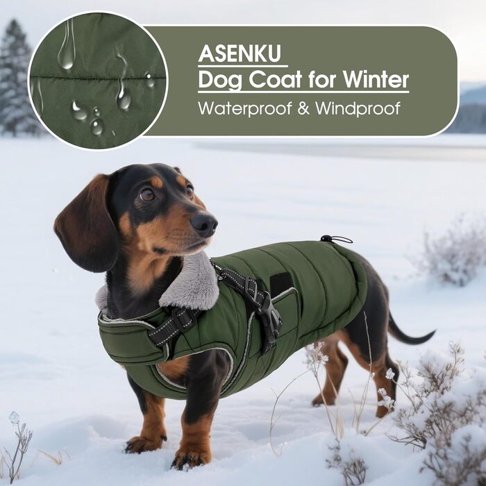 Зимовий теплий накид для собак ASENKU (S, M, L, XL) – водонепроникний, вітронепроникний, з відбиваючими елементами, з нагрудником, для маленьких, середніх та великих собак, зелений