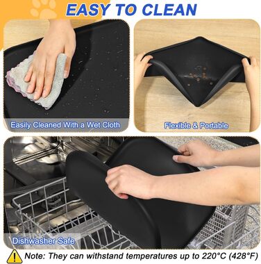 Силіконовий килимок для корму домашніх тварин з піднятим бордюром, миски для собак та котів, килимок-підставка для годівниці з високим бордюром, водовідштовхувальний, гумовий, 24x16x0,8 см (24 x 16 x 0.8 дюймів, чорний)