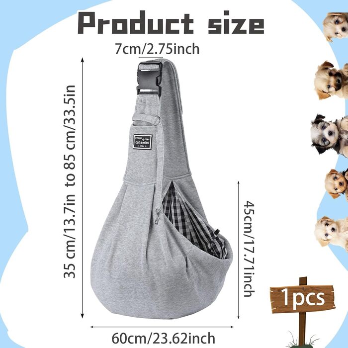 Тканина-слінг для цуценят, двостороння, звільняє руки для маленьких та середніх собак та котів, м'яка та зручна, регульована сумка на плече для прогулянок на вулиці, подорожей та покупок (сіра)