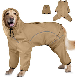 Дощовик для собак, водонепроникна куртка з капюшоном, регульовані 4 лапи, пончо для тварин з отвором для повідка, світловідбиваючі смуги, капюшон, снігостійкий, вітронепроникний, одяг L, Хакі-зелений