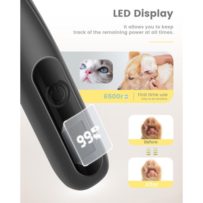 PAPMINI Безшумна машинка для стрижки котів з LED дисплеєм, Type-C, акумулятор, машинка для стрижки котів, бездротова кусачка для кігтів, професійна машинка для стрижки лап, вух, обличчя, спини, чорна