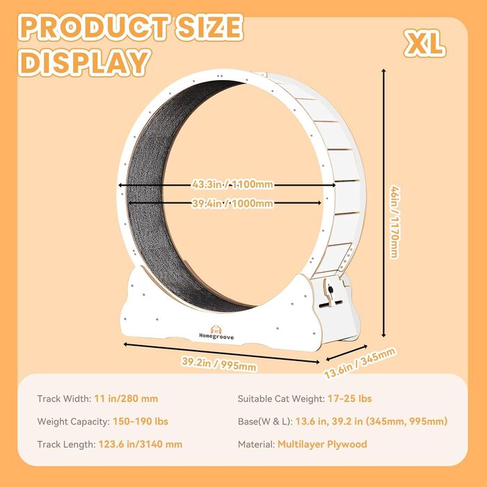 Катання для котів Homegroove, 113 см - біле, XL. Бігове колесо для котів знімним килимком для схуднення та здоров'я