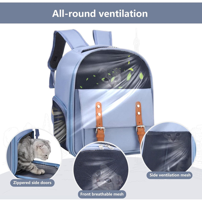 Рюкзак для собак та котів PETCUTE до 8 кг, з внутрішньою страхувальною лінією, дихаючий, з вікном, знімний килимок, блакитний