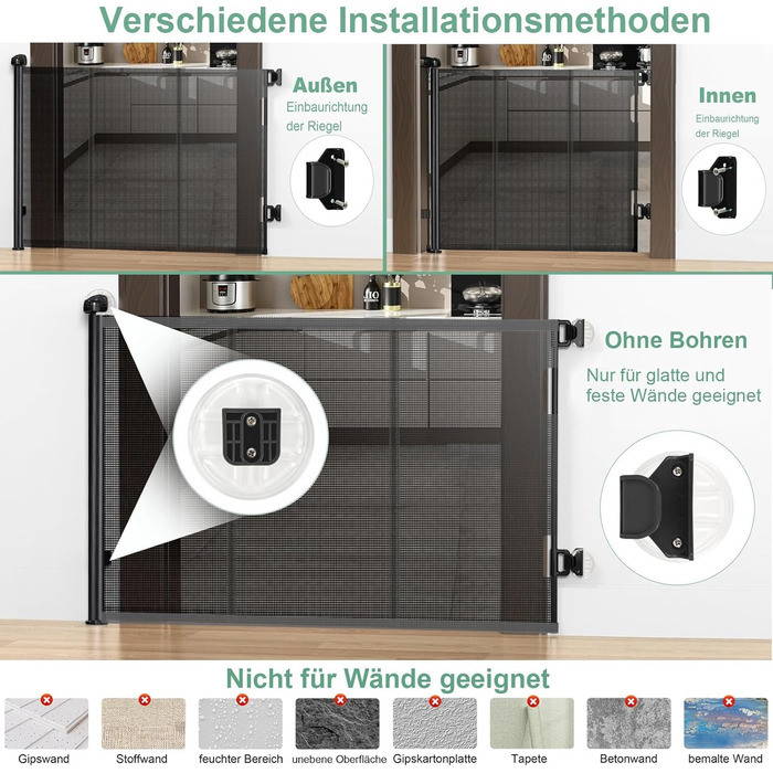 Захист для сходів з замком, висувний захист для дітей та собак, 150 см ширина, 83 см висота, автоматична засувка, чорний (140 см, без свердління)