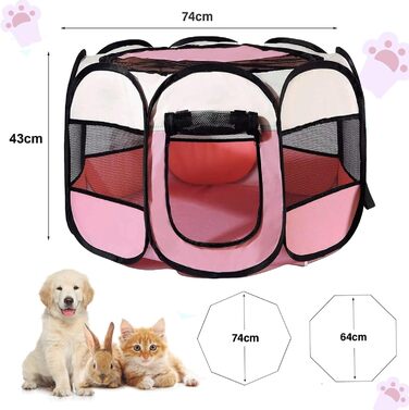 Клітка-бігове подвір'я для тварин BRIMOREA, 74x74x43 см, рожева. Підходить для собак, котів, кроликів та інших дрібних тварин, для дому та вулиці.