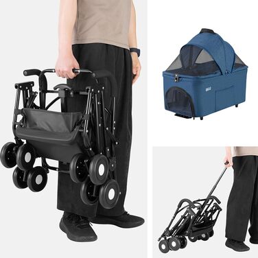 Дитячий візок для тварин BAKAJI 2 в 1, 40 кг, складний, знімний кокон, візок для собак та котів з кошиком для зберігання (блакитний)