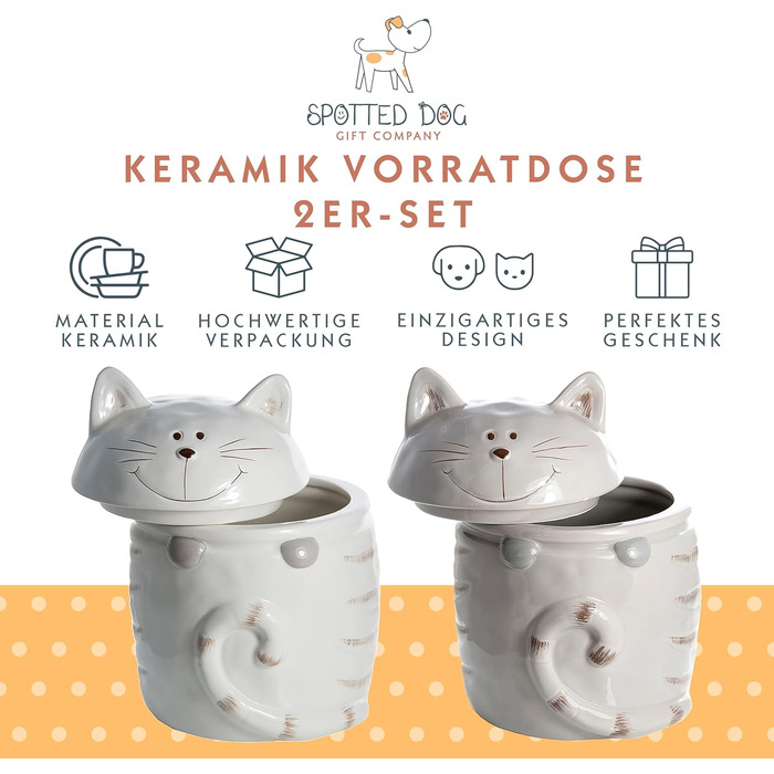 Набір керамічних контейнерів для зберігання Spotted Dog Gift Company, 2 шт. з кришкою, котячий дизайн, куховий декор, подарунок для любителів котів