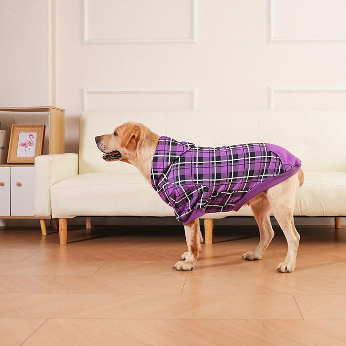 Пуловер з капюшоном для собак ExPawlorer у британському стилі з візерунком, теплий одяг для собак з отвором для повідка, підійде для собак різних порід (Пітбуль), зимовий одяг для цуценят, дівчаток та хлопчиків, котів, рожевий (XX-Large, фіолетовий)